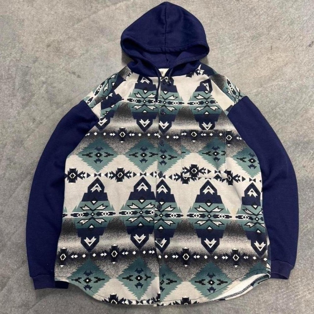 Vintage Western Hoodie Women's Aztec Print Button Up Cotton Polyester Blend L